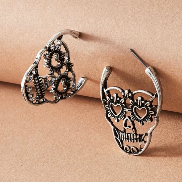 Silver Sugar Skull Skeleton Earrings - Picture 2 of 4